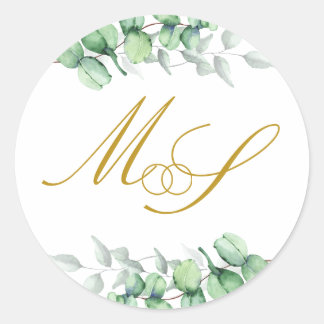 Eucalyptus Gold Monogram Wedding Classic Round Sticker