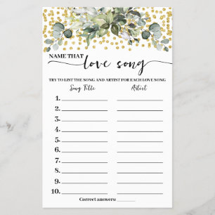 Eucalyptus Gold Name Love Song Shower Game Card