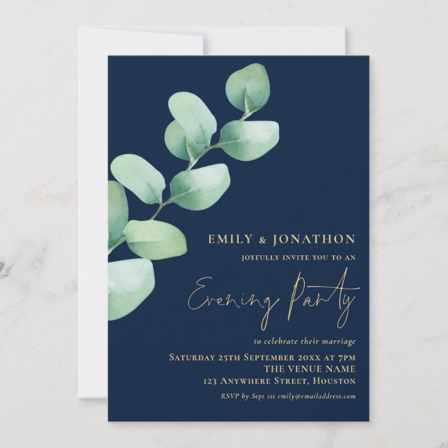 Eucalyptus Gold Navy Blue Wedding Evening Party Invitation (Front)
