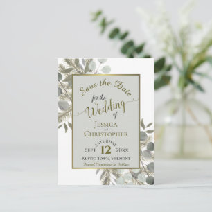 Eucalyptus & Gold Pine Grey Wedding Save the Date Announcement Postcard