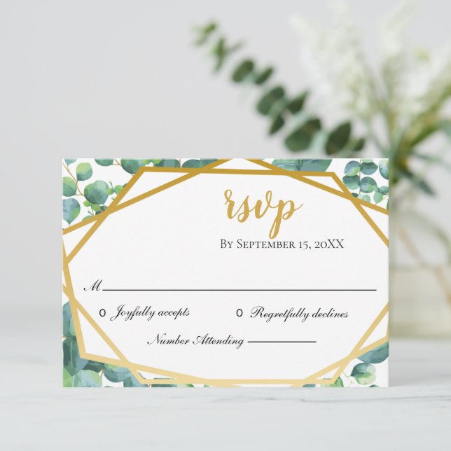 Eucalyptus Gold Rustic Wedding RSVP Card (Standing Front)