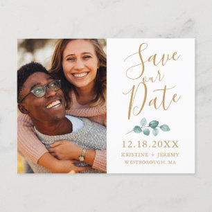 Eucalyptus Gold Script Photo Save Our Date Announcement Postcard