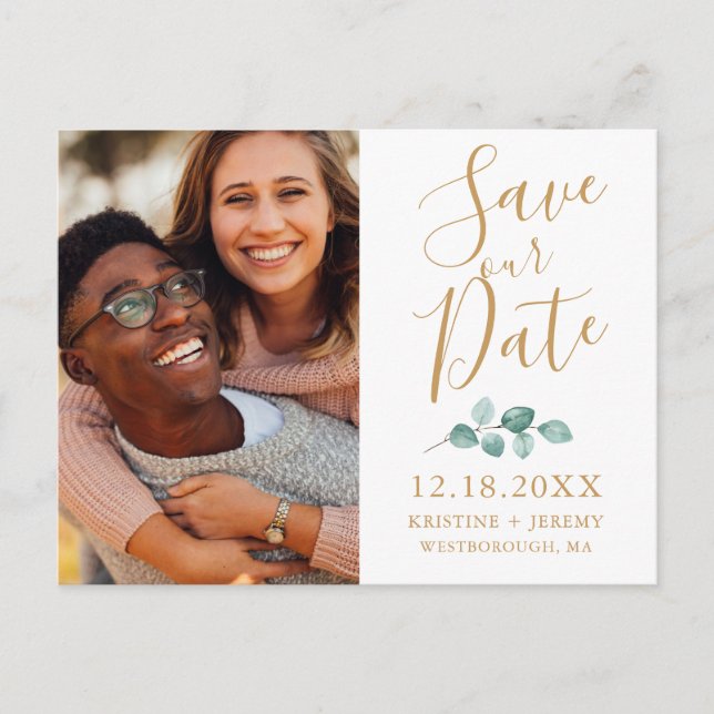 Eucalyptus Gold Script Photo Save Our Date Announcement Postcard (Front)