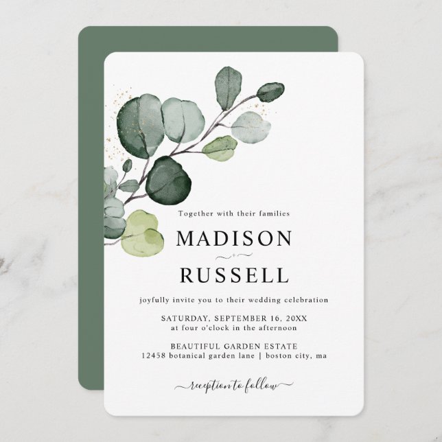 Eucalyptus Gold Splatter Greenery Wedding Invitation (Front/Back)
