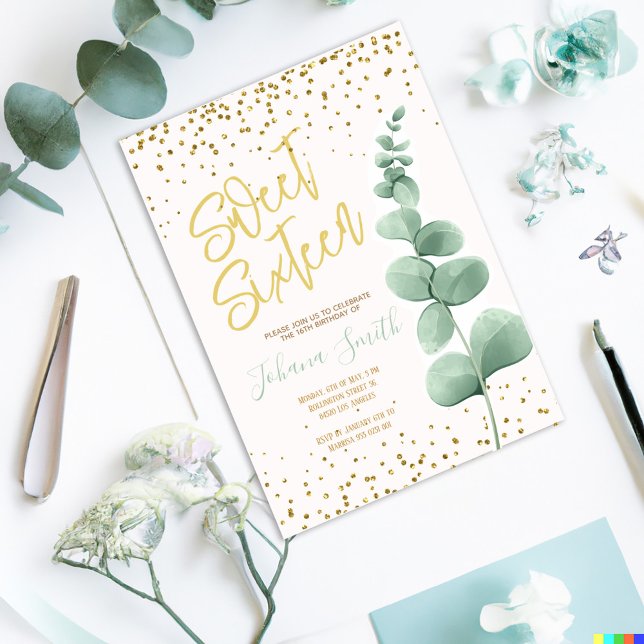 Eucalyptus Gold Sweet Sixteen Birthday Invitation (Creator Uploaded)