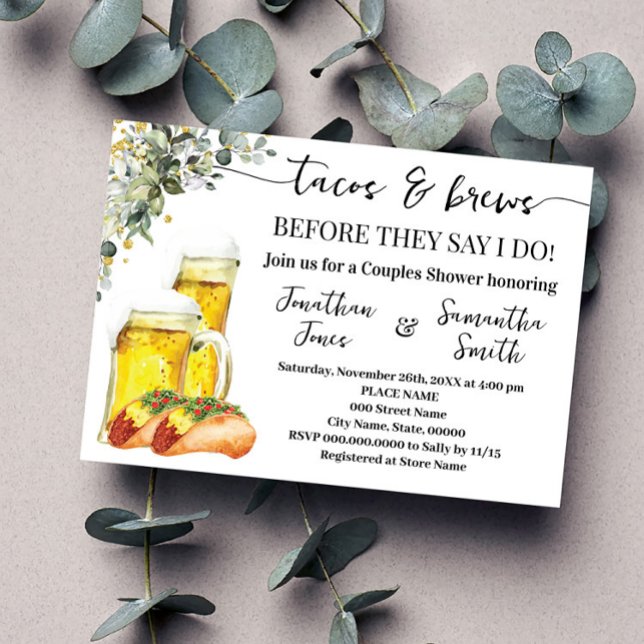 Eucalyptus Gold Tacos & Brews Couples Shower Invitation (Creator Uploaded)