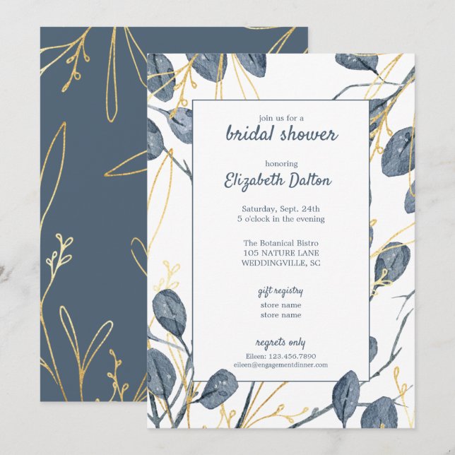 Eucalyptus & Gold Watercolor Garden Bridal Shower Invitation (Front/Back)