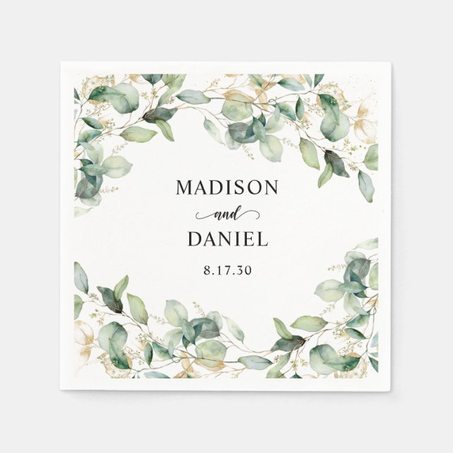 Eucalyptus Gold Watercolor Wedding Napkin (Front)