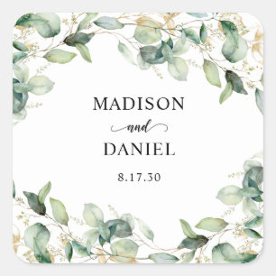Eucalyptus Gold Watercolor Wedding  Square Sticker