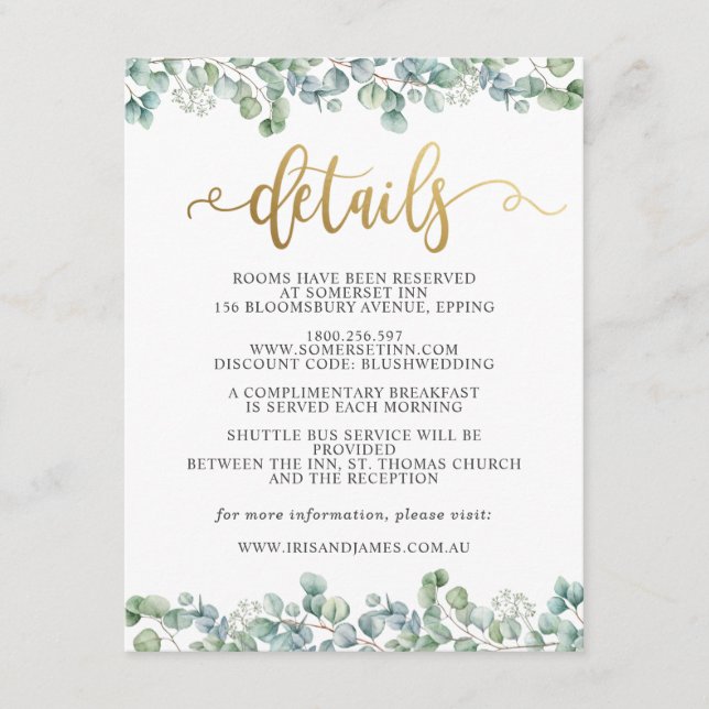 Eucalyptus Gold Wedding Guest Details Information Enclosure Card (Front)