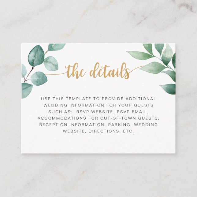 Eucalyptus gold wedding information details card (Front)