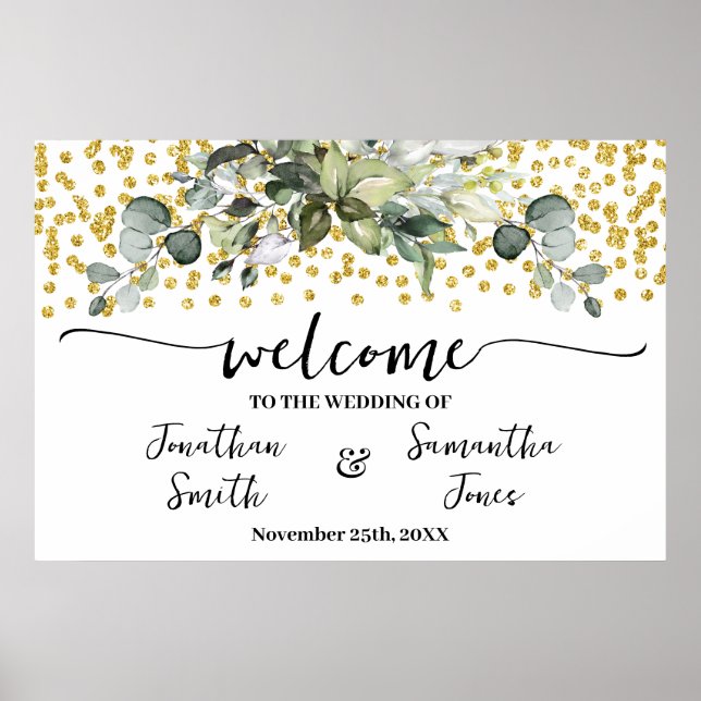 Eucalyptus Gold Welcome Wedding Ceremony Reception Poster (Front)