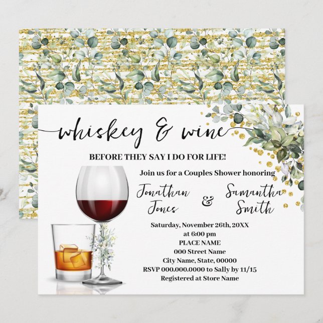 Eucalyptus Gold Whiskey & Wine Couples Shower Invitation (Front/Back)