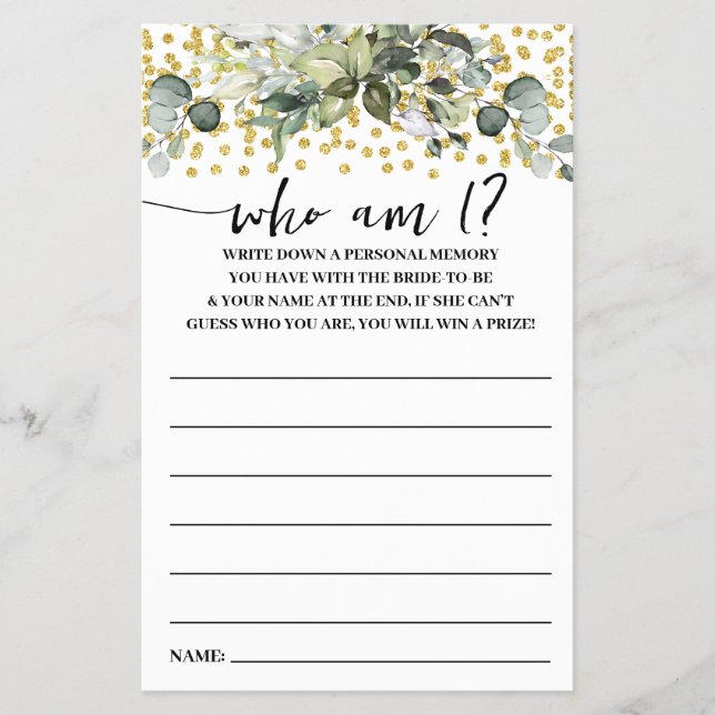 Eucalyptus Gold Who am I? Bridal Shower Game Card (Front)