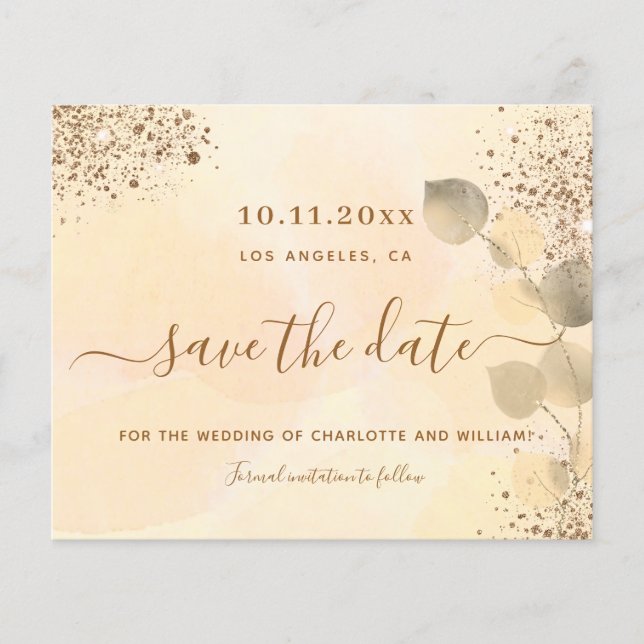 Eucalyptus golden budget wedding save the date flyer (Front)