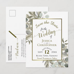 Eucalyptus & Golden Pine Wedding Save the Date Announcement Postcard