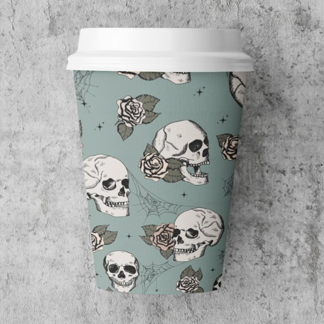 Eucalyptus Gothic Skulls and Roses Halloween Paper Cups (Eucalyptus Gothic Skull Paper Cup. Elegant Pattern of Hand Drawn Skulls & Roses for Halloween Party)