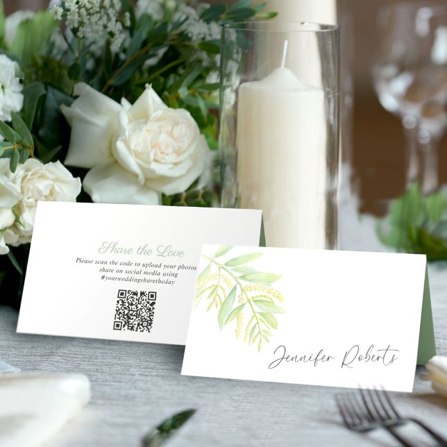 Eucalyptus green art wedding social media QR code Place Card (Creator Uploaded)