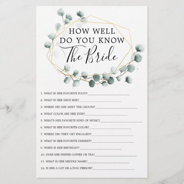 Eucalyptus Green Double Sided Bridal Shower Games (Front)