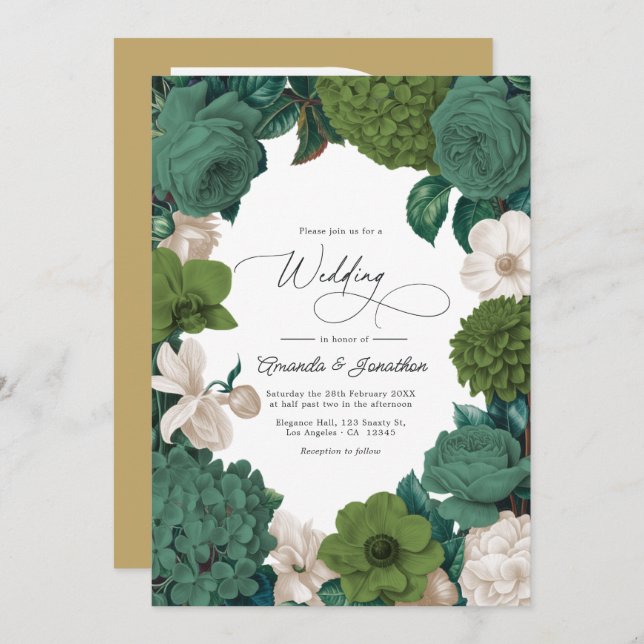 Eucalyptus Green, Fern Olive & Cream Line Wedding Invitation (Front/Back)