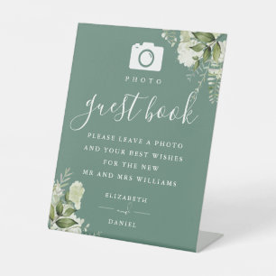 Eucalyptus Green Floral Photo Guest Book Wedding Pedestal Sign