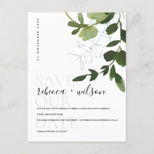 EUCALYPTUS GREEN  FOLIAGE WATERCOLOR SAVE THE DATE ANNOUNCEMENT POSTCARD