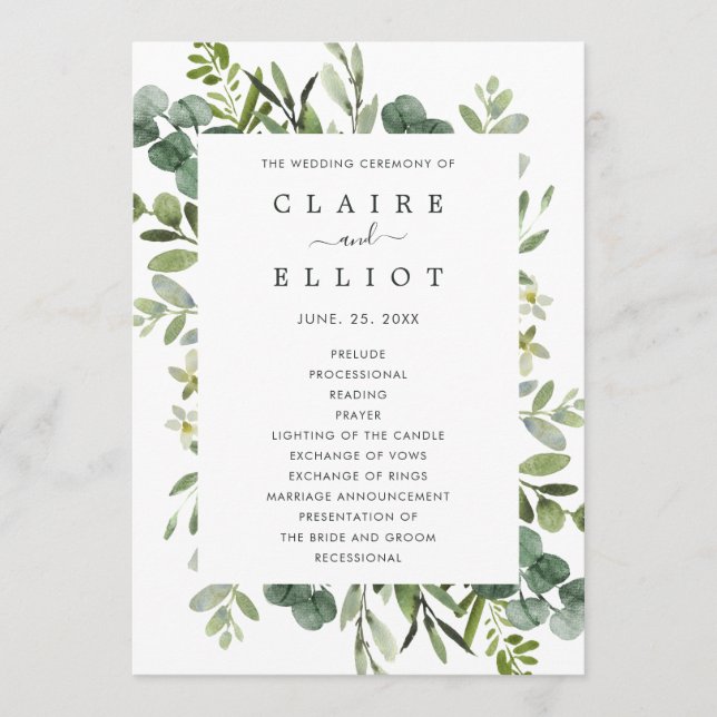 Eucalyptus Green Foliage Wedding Ceremony Program Programme (Front)