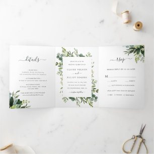 Eucalyptus Green Foliage Wedding Photo Tri-Fold Invitation