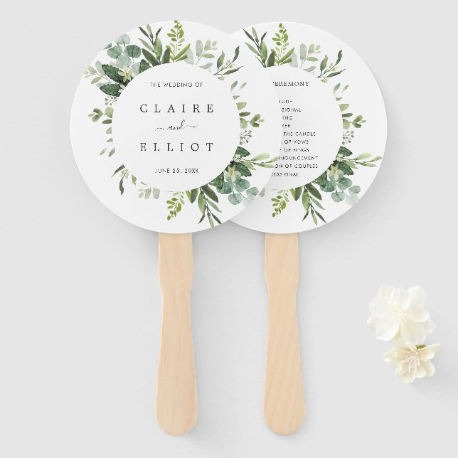 Eucalyptus Green Foliage Wedding Program Hand Fan (Front and Back)