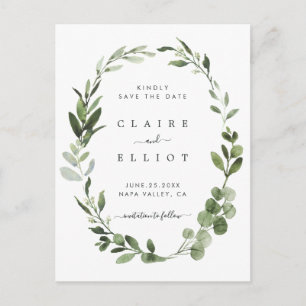 Eucalyptus Green Foliage Wreath Save the Date Announcement Postcard