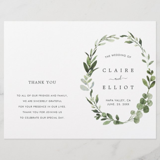 Eucalyptus Green Foliage Wreath Wedding Program (Front)