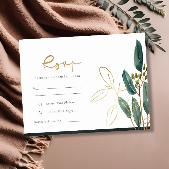 EUCALYPTUS GREEN GOLD FOIL FOLIAGE WEDDING RSVP  ENCLOSURE CARD (Creator Uploaded)