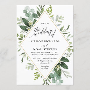 Eucalyptus green gold geometric modern wedding invitation
