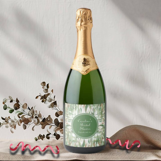 Eucalyptus Green Gold Glitter Leaves Bridal Shower Sparkling Wine Label (Creator Uploaded)