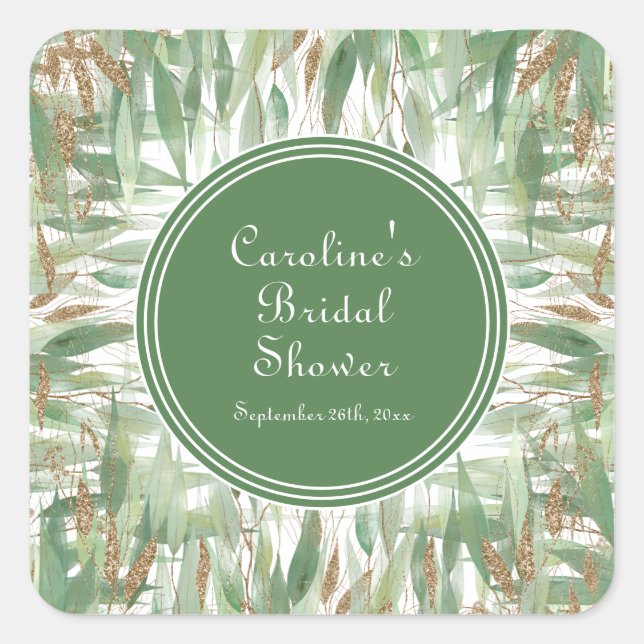 Eucalyptus Green Gold Glitter Leaves Bridal Shower Square Sticker (Front)