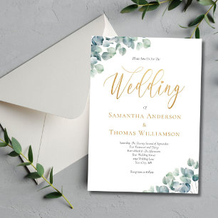Eucalyptus Green Gold Script Elegant Wedding Invitation