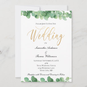 Eucalyptus Green Gold Script Elegant Wedding Invitation