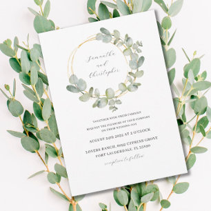 Eucalyptus Green & Gold Watercolor Wreath Wedding Invitation