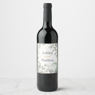 Eucalyptus green & gold watercolour Wedding Wine Label