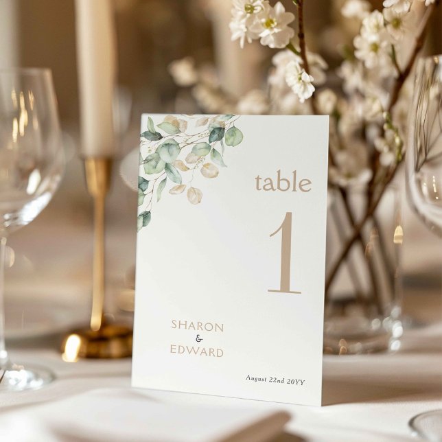 Eucalyptus Green & Gold Wedding 5x7 Table Number (Creator Uploaded)