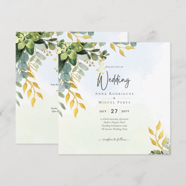 Eucalyptus Green Gold Wedding Invite Greenery  (Front/Back)