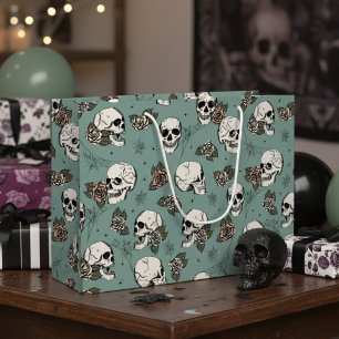 Eucalyptus Green Gothic Skulls and Roses Halloween Large Gift Bag