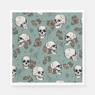 Eucalyptus Green Gothic Skulls and Roses Halloween Napkin