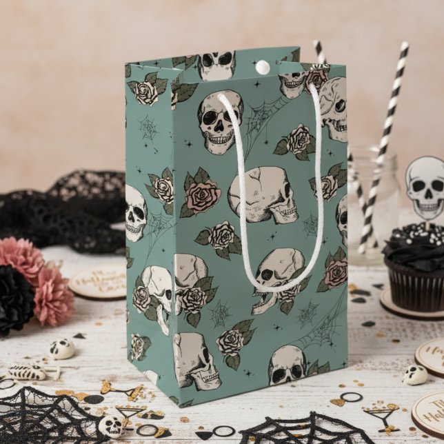 Eucalyptus Green Gothic Skulls and Roses Halloween Small Gift Bag (Eucalyptus Green Floral Skulls Hallowedding Gift Bags for Her. Spooky Gothic Halloween Skull Pattern)