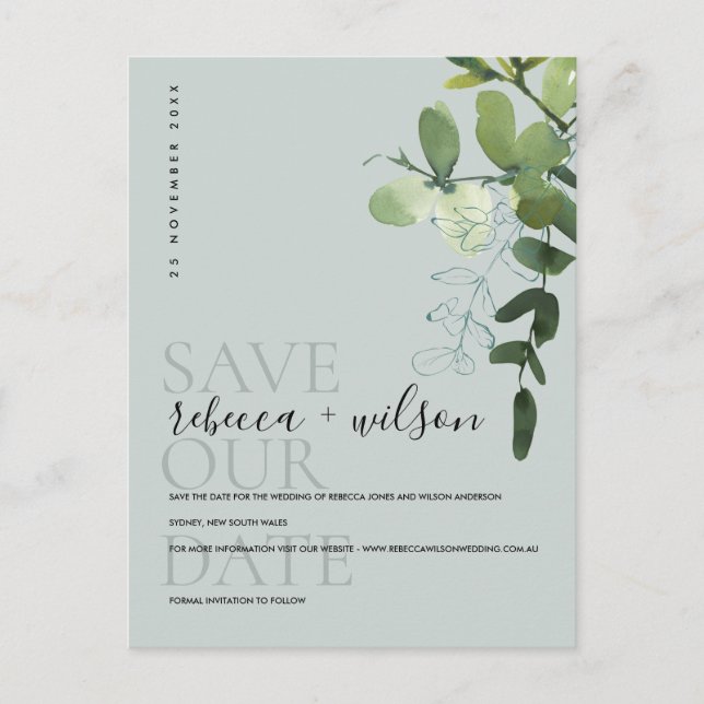 EUCALYPTUS GREEN GREY WATERCOLOR SAVE THE DATE ANNOUNCEMENT POSTCARD (Front)