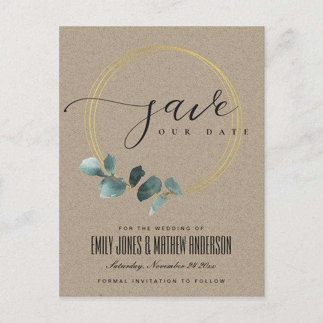 EUCALYPTUS GREEN KRAFT FAUNA WREATH SAVE THE DATE ANNOUNCEMENT POSTCARD (Front)
