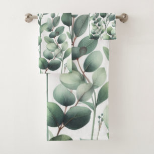 Eucalyptus Green Leaf Print Sot 3-Piece  Bath Towel Set