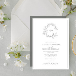 Eucalyptus Green Leafy Crest Monogram Wedding Invitation