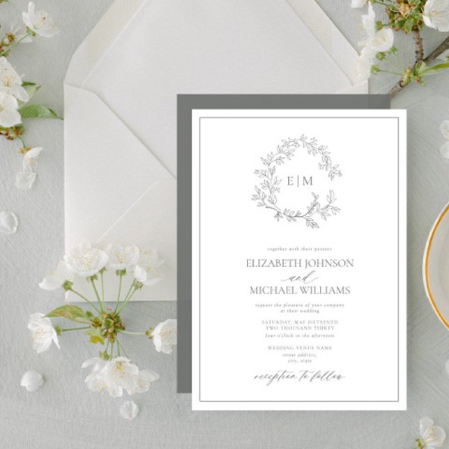 Eucalyptus Green Leafy Crest Monogram Wedding Invitation (Creator Uploaded)