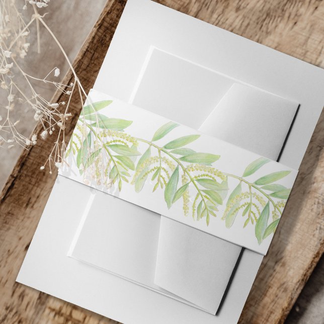 Eucalyptus green leaves cream flower watercolor invitation belly band (Creator Uploaded)